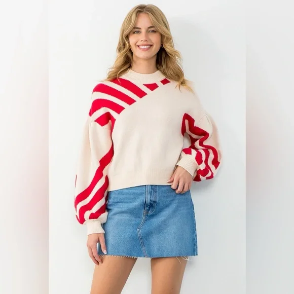 THML - Cream/Red Stripe Detail Ribbed Sweater - New with Tags! - Picture 1 of 3